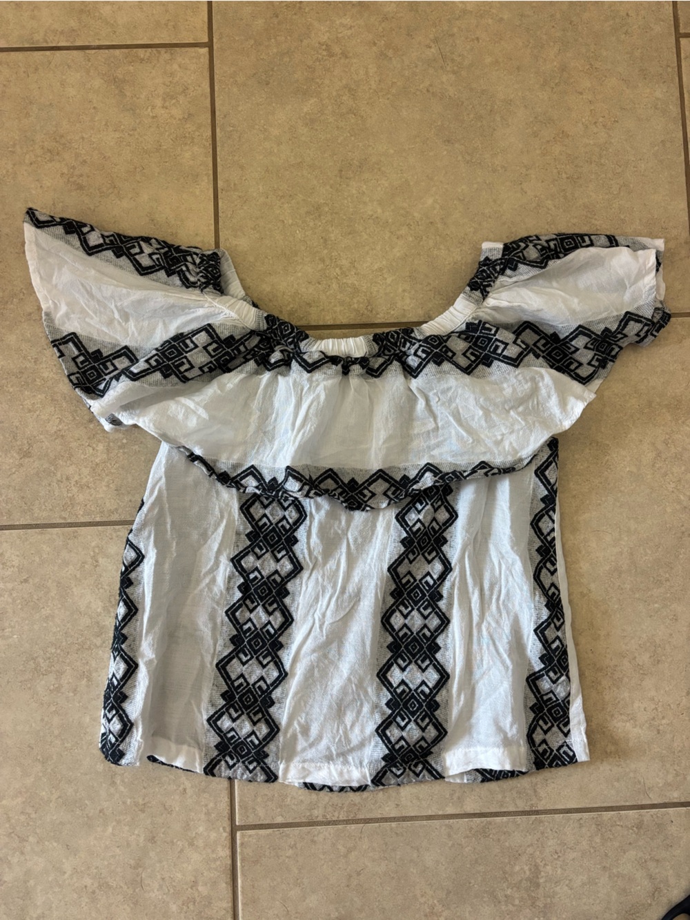 Haris Cotton White Off-Shoulder Embroidered Top with Black Geometric Trim
